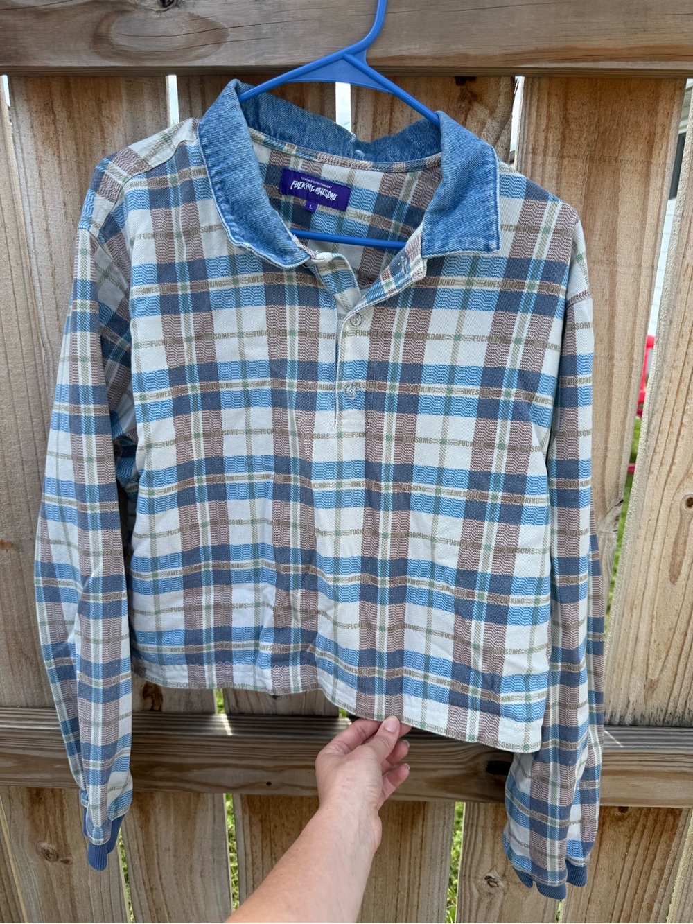 FA Blue, Brown & Cream Plaid Button-Up Jacket with Denim Collar